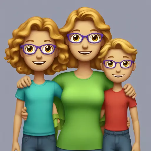 Mother with a girl and a boy. The mother has green eyes, long dark blonde hair, and a colorful top. The girl has red hair with blue eyes, a red-golden glasses, and a purple top. The boy has dark blonde, wavy long hair and blue eyes. The boy is wearing a green top and looks like a boy. emoji