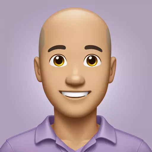 Asian man, smiling, heart shaped face, light tan skin, wearing light purple polo, side hair only, bald top  emoji
