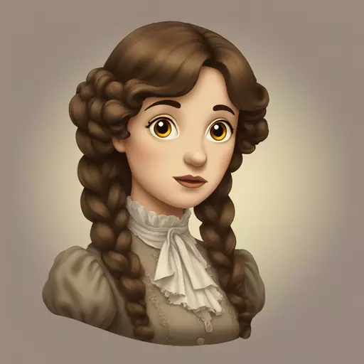 one Victorian women with giant brown hair with bangs at the eyebrow eyes embracing in a sad emoji