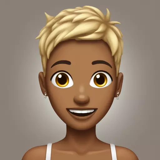 happy naked female, shaved on sides and back brown spikes pixie cut, medium breasts with pierced nipples has cum on her face, asking for more.  emoji