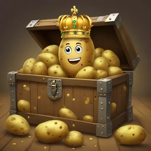 A heap of perfect potatoes in a wooden treasure chest encrusted with gold and gems. One especially huge potato wearing a golden crown and looking happy in the middle between the smaller potato emoji. emoji