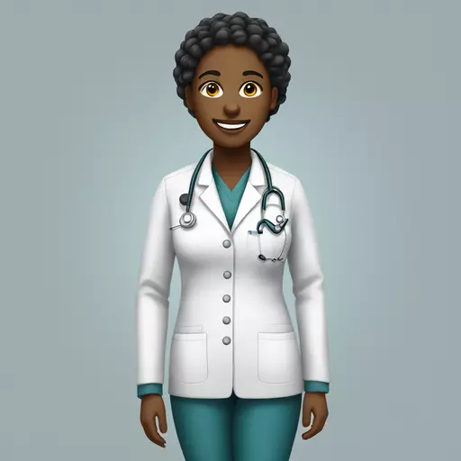 a black woman smiling and dressed as a medical student emoji
