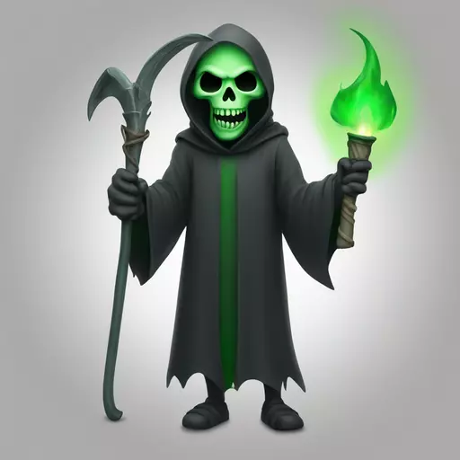 A reaper with funny yet scary smile with full body holding green torch in right hand emoji