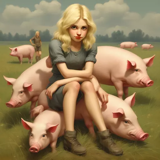 blond very dirty, bare girl 14 y.o., with disheveled hair, sitting on a pig in a field with pigs, by Igor Grabar, by Sergei Sviatchenko, by Alexander Deyneka, soviet propaganda style, in a soviet propaganda style, in style of stanislav vovchuk, by Alexander Litovchenko, by Aleksander Kotsis, by Serge Sudeikin, by Alexander Kucharsky. Any text and symbols are missing. FRONT view emoji