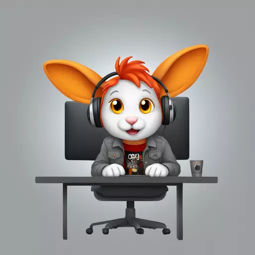 drunken bunny with red orange hair, grey headphoness wearing and red black flanes shirt sitting in front of computer with webcam emoji