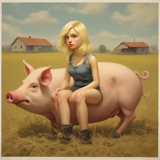 blond very dirty, bare girl 14 y.o., with disheveled hair, sitting on a pig in a field with pigs, by Igor Grabar, by Sergei Sviatchenko, by Alexander Deyneka, soviet propaganda style, in a soviet propaganda style, in style of stanislav vovchuk, by Alexander Litovchenko, by Aleksander Kotsis, by Serge Sudeikin, by Alexander Kucharsky. Any text and symbols are missing. FRONT view emoji