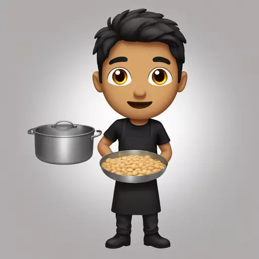 Olive skin male, with short 3a hair, with almond eyes, black T-shirt, black gloves, cooking  emoji