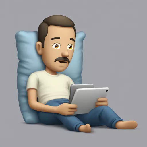  UN HOMBRE CON UNA TABLET Y SENTADO, dormido. con una descripcion que diga mr defect emoji