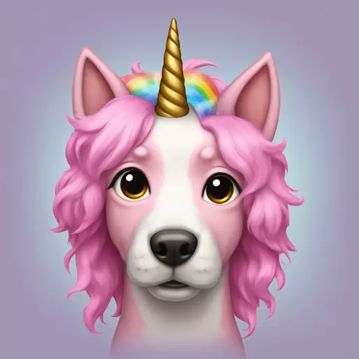 A pink dog with rainbow unicorn hair and a unicorn horn emoji
