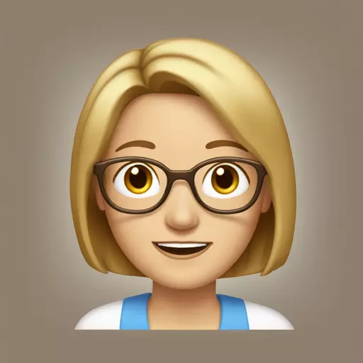 Middle aged woman, blue eyes, brown hair with blond streaks, in a bob, no fringe,  golden thin spectacles, smiling,  emoji