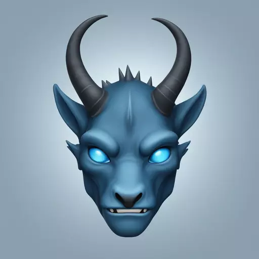 Schwarzer Drachenkopf-Emoji - stylized, frontal view, dark matte surface with a soft grain, two large curved horns on each side and a small horn spike in the middle. Bright white eyes without pupils, intense and sinister gaze. Clear contours, symmetrical, slightly futuristic gleaming edge in cool blue tone, subtle facial wrinkles above the eyes for a determined expression. Background dark to black with gentle neon glow around the silhouette. emoji