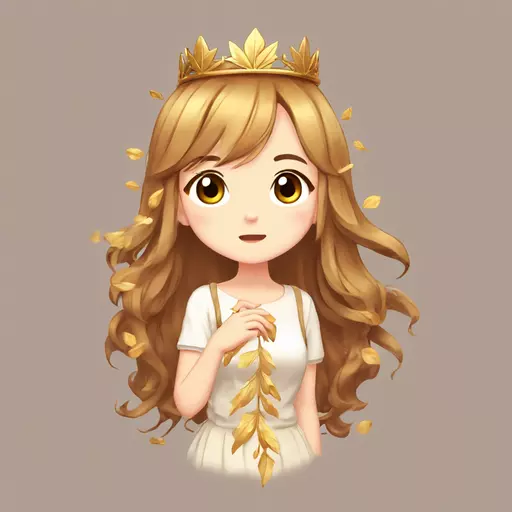 anime style, chibi emoji for Twitch, girl with long chestnut hair and golden leaf crown, detailed face, PNG transparent background, cute expression, clean outline, high quality, sticker style, blowing a kiss, small heart floating emoji