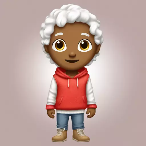 this lil guy is a Vanilla strawberry shortcake Toon, his color is a light tan and his legs are a darker tan, with white hair that looks like frosting and a tail which looks like a whipped cream swirl, he has has a red sleeveless sweater and a white hoodie around its neck, the drawstrings amd hemming of the sweater are a darker red, he also wears a light and dark pink striped turtleneck underneath and two strawberry pins in his hair emoji