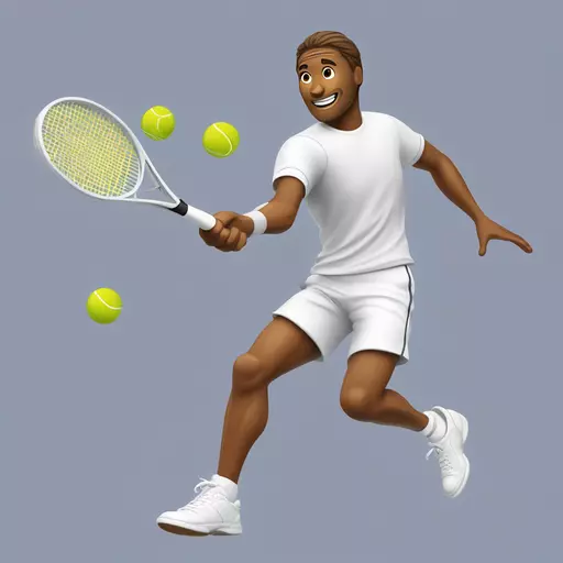 Create a dynamic illustration of a male tennis player in the middle of a powerful swing. The player is holding a tennis racket firmly in his hand, and a tennis ball is flying through the air toward the racket. The scene takes place on a tennis court with clearly visible lines and a net in the center. The style should be vibrant and realistic, with great attention to details such as the texture of the racket, the bouncing tennis ball, and the dust or clay kicking up from the court. The background can subtly include an audience or surrounding trees emoji