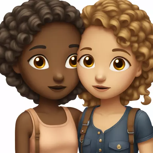 2 girls kissing, they love each other affectionately. One has Cameroonian and French origins (she is mixed-race), she has dark hair and dark eyes. The other girl is French, with chestnut hair, lighter than the other, and brown eyes lighter than the other. emoji