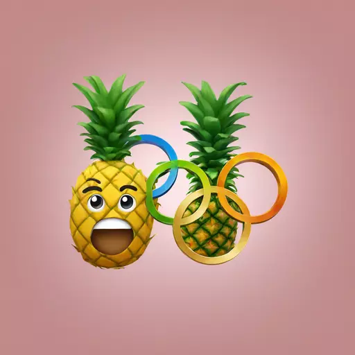 olympic rings in front of smiling pineapple wearing a gold medal emoji