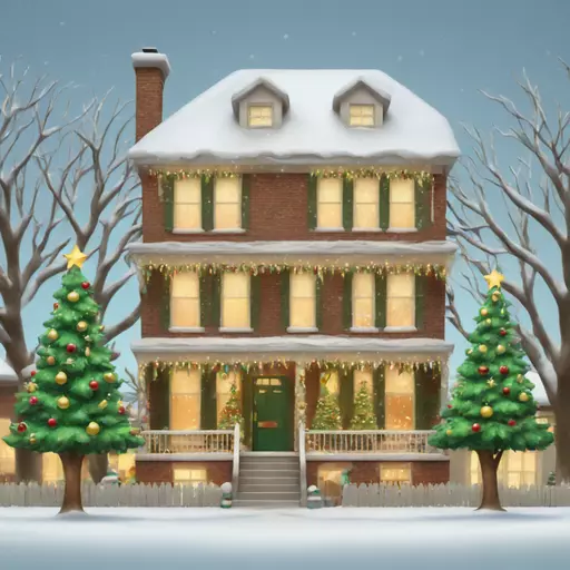 a townhouse surrounded by decorated Christmas trees emoji