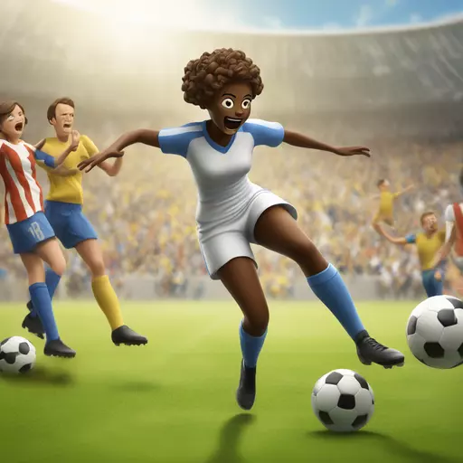 Create an image of a soccer player falling on a football field. The player is wearing a dress, and the scene captures the motion and energy of the fall in a realistic way. In the background, include a referee watching the incident and several fans on the sidelines reacting. The setting is a sunny day with natural colors and a sporty atmosphere. emoji