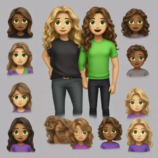 can u make me an emoji that has brown long hair a girl green eyes and eyelashes purple shirt and black pants? emoji