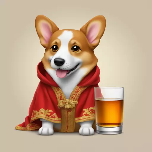 Tricolor Corgi wearing a red robe having a glass of whisky emoji