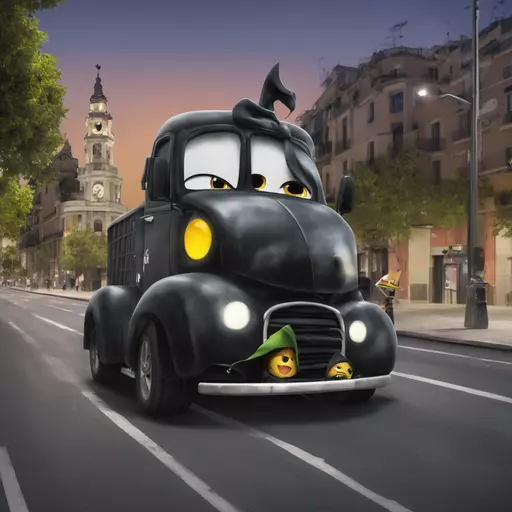 Genera una imagen de un chófer de Bolt, con rostro cansado y algo triste, junto a su vehículo VTC negro en una calle céntrica de Madrid emoji