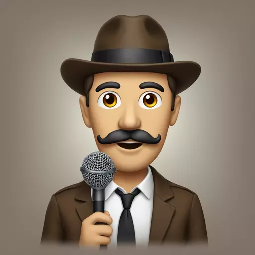 a man with moustache and short brown hats, with wrinkles on his face and holding a microphone. Brown eyes. emoji