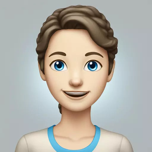 Brunette 40 year old cat lady with blue eyes and pale skin, smiling emoji