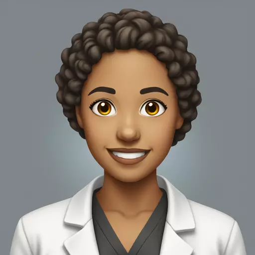 a mixed race woman smiling and dressed as a student wearing a white lab coat, with no specific background emoji