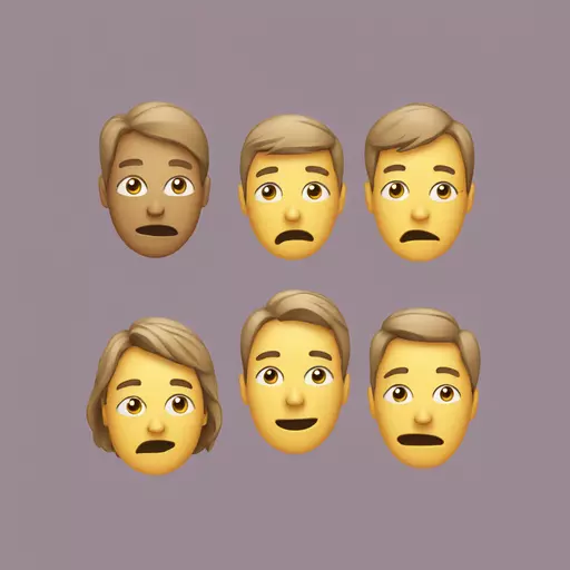 Generate a person with three masks on the face, one with a happy face, one with a sad face, and one with a tired face. emoji