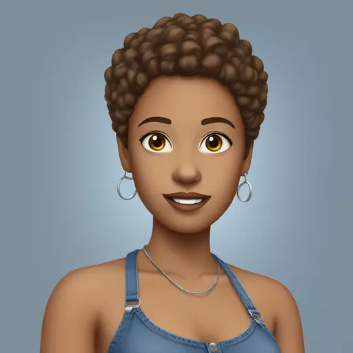 brown haired girl, natural makeup, light skin, dressed in a blue halter top and jeans emoji
