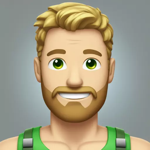 A handsome white guy with green eyes, well trimmed beard, six pack, fit, flexing his muscles. emoji