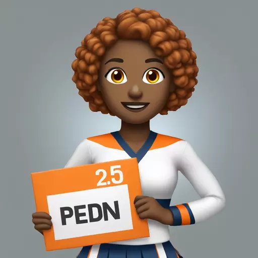 a cheerleader wearing a uniform with orange accents and holding a sign that says "Peden" emoji