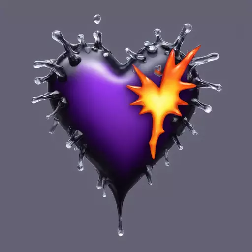 emoji, 3D render of the black heart emoji covered in small dark icicles that hang down from the bottom half, the heart has a purple spiked collar with a fiery flame design, the heart is standing on its point with a transparent background emoji