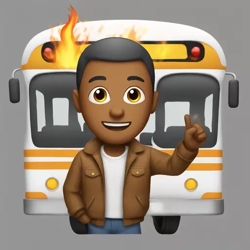 make a brown guy with a buzz cut stand on top of a bus with fire in his hands emoji