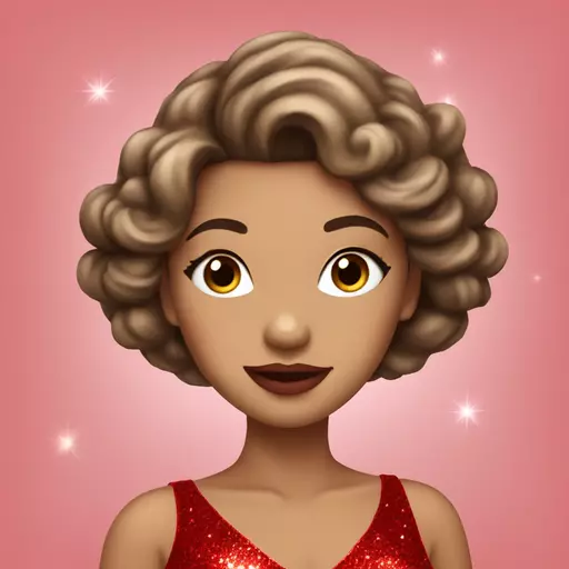 A man dressed as a woman in a lovely glittery red dress, with red lips, rosy cheeks, fluttering eyelashes, and lovely, flowing brunette hair. emoji