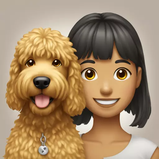 Girl with bangs and golden doodle smiling emoji
