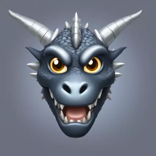 Black dragon head, silver iris shining, eyes almond-shaped, silver glowing halo effect, head without spikes, only horns, slightly smiling, head straight out, symmetric, not cute or sweet, god-like emoji