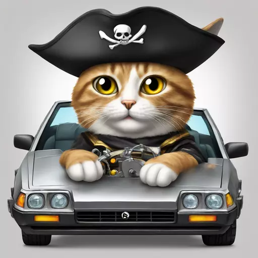 A pirate cat wearing an eyepatch riding the DeLorean time machine, but as a convertible emoji
