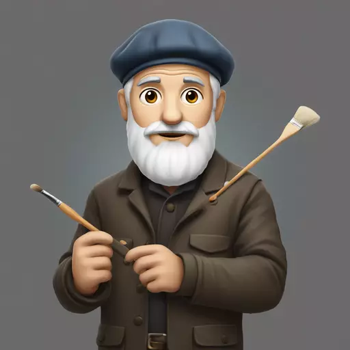 An older male artist with a close shaved white beard wearing a beret and holding a palette and oil paint brushes emoji