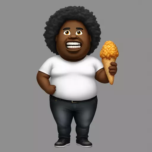 an emoji of an obese black man with huge hair and ears wearing a black shirt saying "BLM" on it in white, upper case text in the impact font while wielding 1 chicken drumstick in each hand with tightly closed eyes and an open mouth showing fully white, crooked teeth. emoji