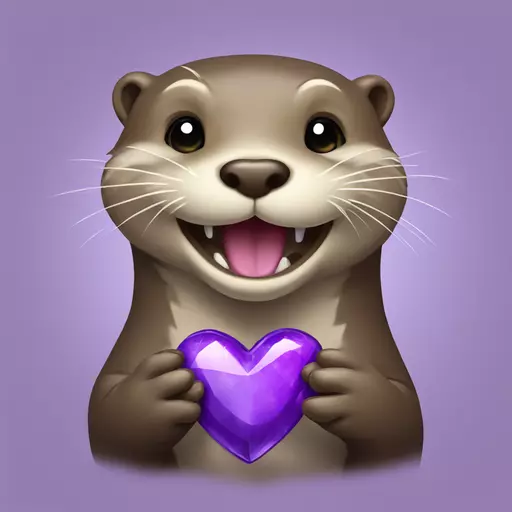 an otter that broadly grins and holds a purple heart-shaped stone in its hands emoji