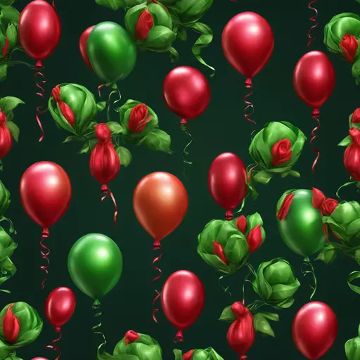 Balloons, round and long, intertwine to form a lush rosebud on a balloon stem and with leaves made of balloons of different shades of green. Shades of red and green. Intricate masterful, designer balloon weaving. Complicated, baroque, bizarre. On a dark background. Bright shades, gloss. Realistic balloon material texture, smooth, shiny, elastic, translucent with highlights. An unusual, masterful design. emoji