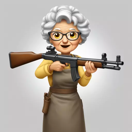 a sweet granny wearing typical granny attire apron, hair in bun , she is holding a Thompson machinegunlow and shooting from the hip a burst of automatic gun fire . emoji