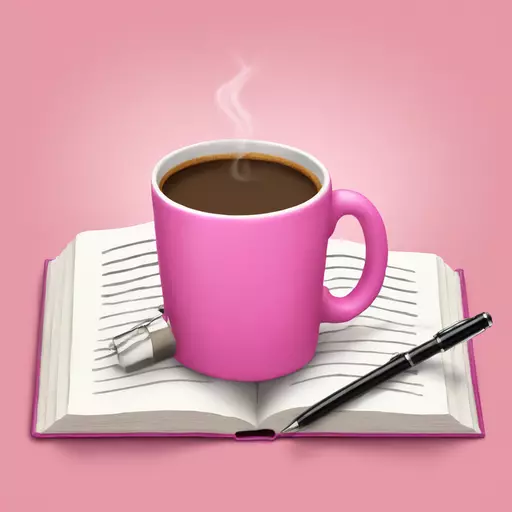 BIG pink book with a pen and a mug of coffee . write on it the word BUSY emoji