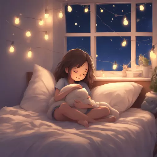 cute little girl sleeping comfortably on a bed, covered with a blanket, stuffed animal, string lights on the wall, window, cozy and comforting atmosphere, nighttime, wonder, pixiv emoji