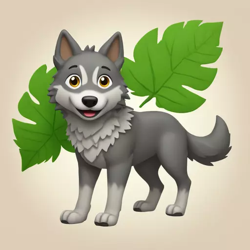 The wolf is made of earth and rubble, and instead of fur, it has grass everywhere. Instead of a tail, it has a large green leaf. The wolf is cheerful. emoji