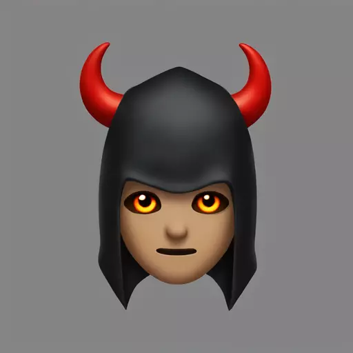 can you generate me a demon with red and black horns, a hood, a black and red background, with red eyes emoji