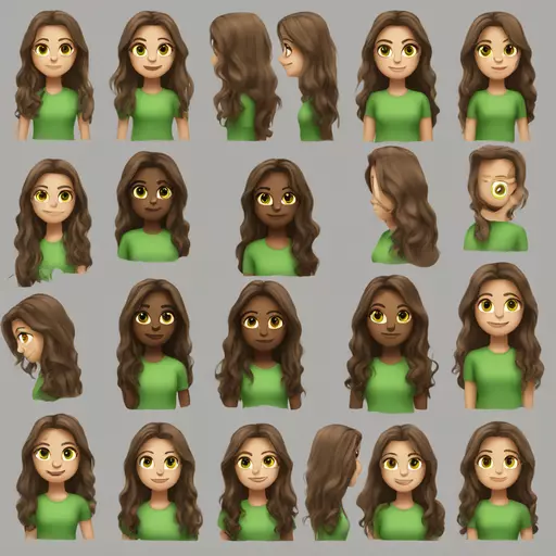 can u make me an emoji that has brown long hair a girl green eyes and eyelashes purple shirt and black pants? emoji