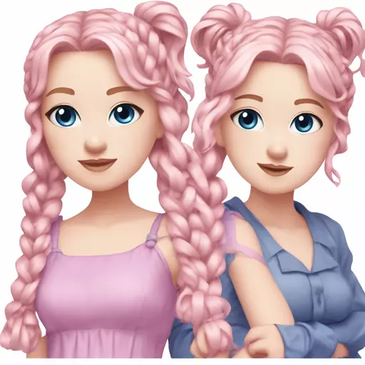 2girl pink hair pigtails purple eyes pink dress pink footwear blonde hair blue eyes blue dress blue footwear stage idol emoji