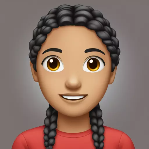 Young woman with black hair, hair braided into two plaits, blue eyes, red shirt emoji